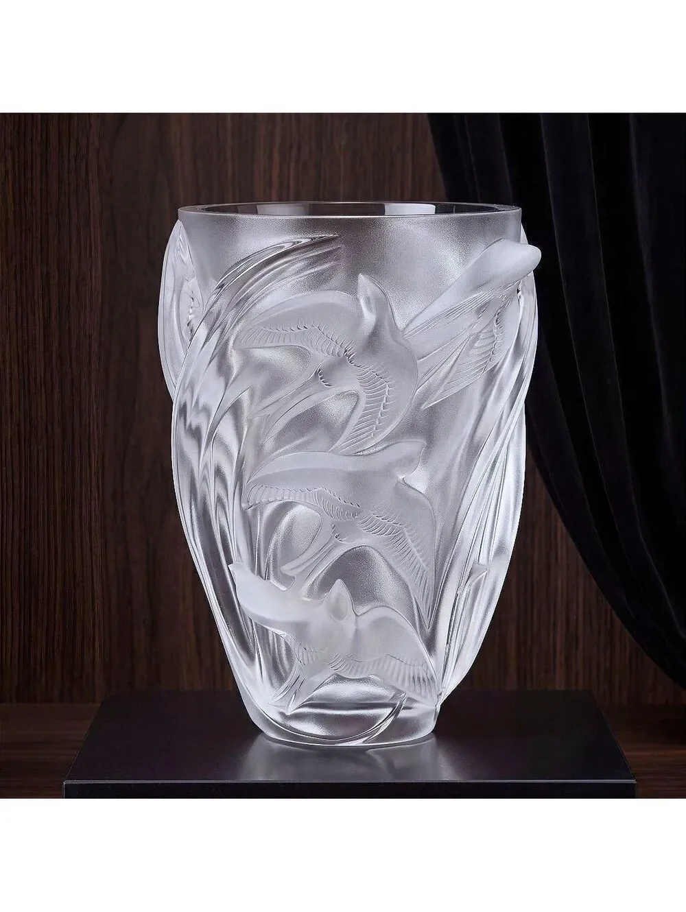 Vintage Large Lalique Martinets Large Frosted Crystal Swallows Vase France - 10